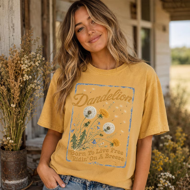 Vintage Dandelion Shirt Born To Live Free Botanical Graphic Tee Boho