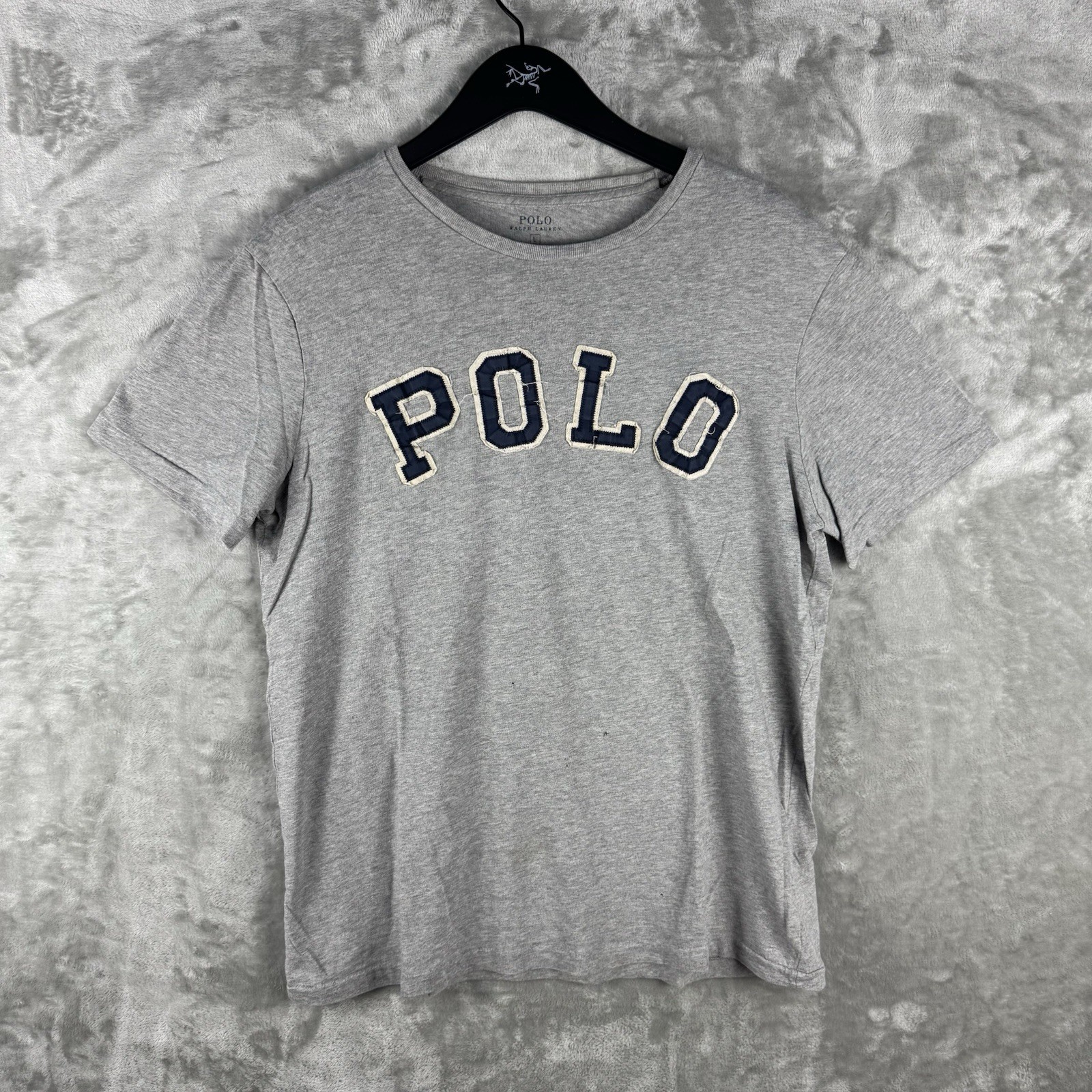 Ralph Lauren Polo Shirt Stitched Spell Out Crew Grey Mens Large Cotton Preppy