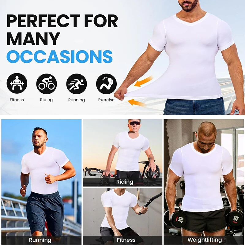 Men’s Compression Shirts V-Neck Workout Abs Abdomen Tummy Control Body Shaper