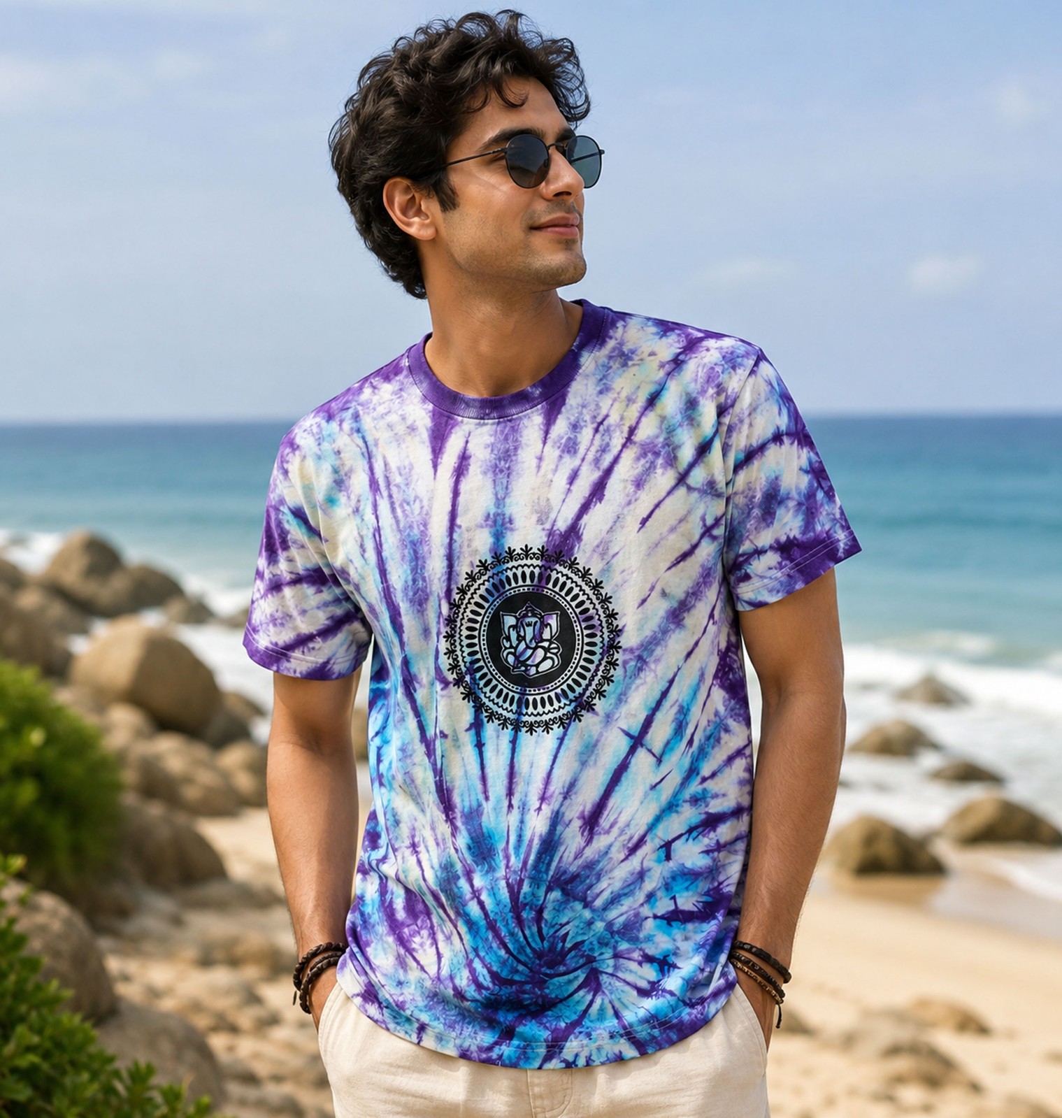 Men’s Purple Blue Tie Dye Cotton T-Shirt Ganesha Print Boho Festival Shirt L-26″