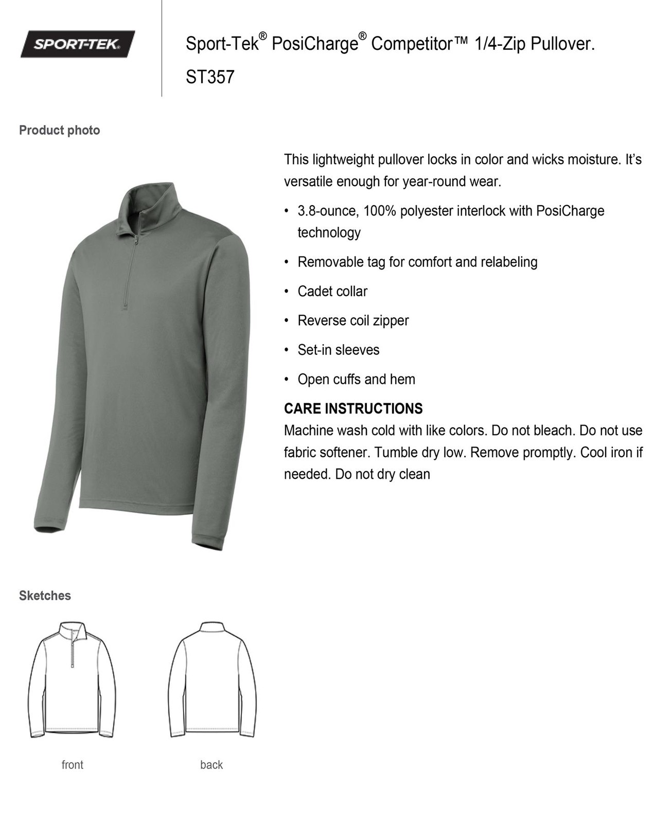 Sport-Tek Mens 1/4-Zip Long Sleeve Lightweight Cadet Collar Pullover ST357