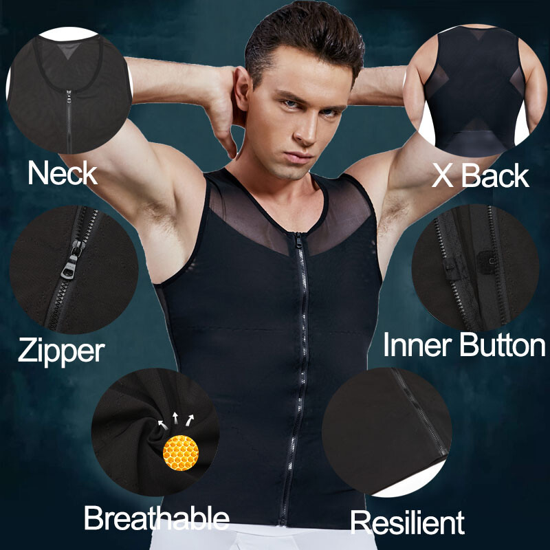 Men’s Zipper Body Shaper Toning T-Shirt Ultra Durable Vest Compression Underwear