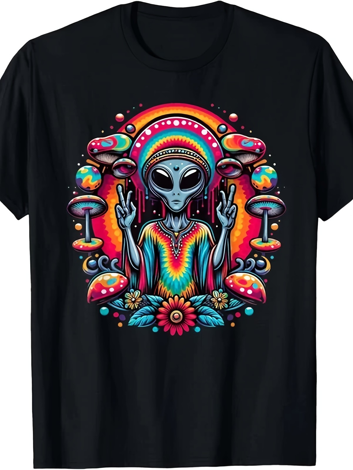 Tie Dye Alien Peace Sign Graphic T-Shirt Boho Hippie Space Vibes Tee