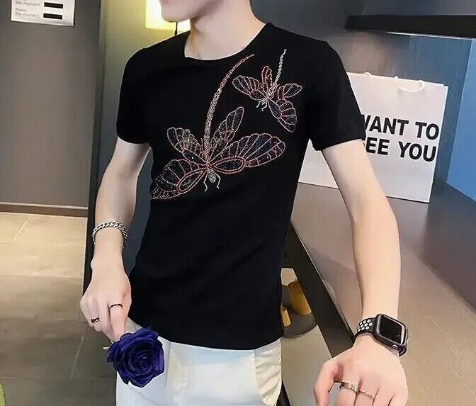 New Men Luxury Rhinestones Dragonfly Fashion Black White T-Shirt High Quality