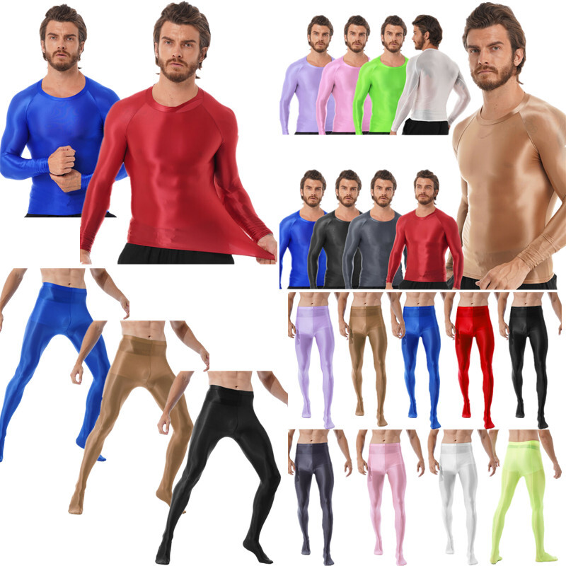 Men’s Glossy See Through Tights Suit Long Sleeve Shirts with Fitness Pantyhose