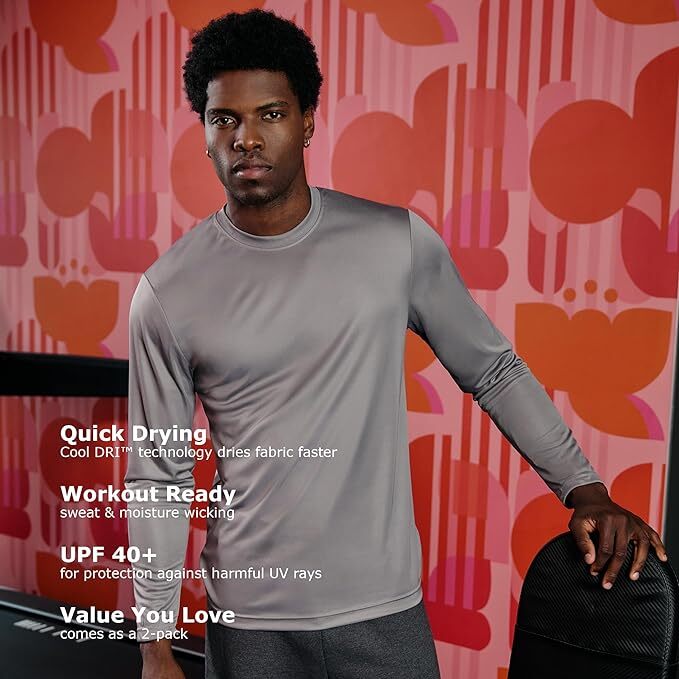 Hanes Long Sleeve Tee 2-Pack T-Shirt Sport Men’s FreshIQ Cool DRI Jersey S-3XL