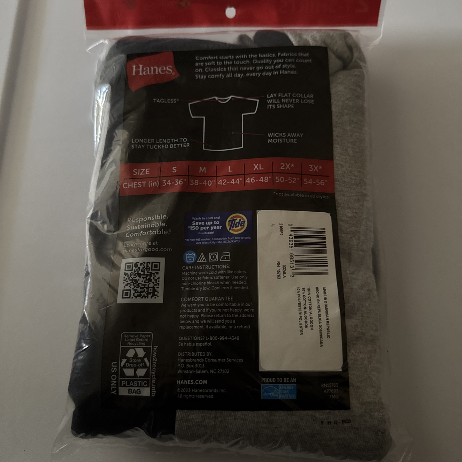Hanes Color T-shirts Large 42-44 Black-Grey 2-pac Cotton Poly Machine Wash