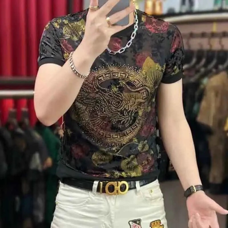 New Men Luxury Diamond Dragon Rhinestones Fashion T-Shirt High Quality 2 Colors