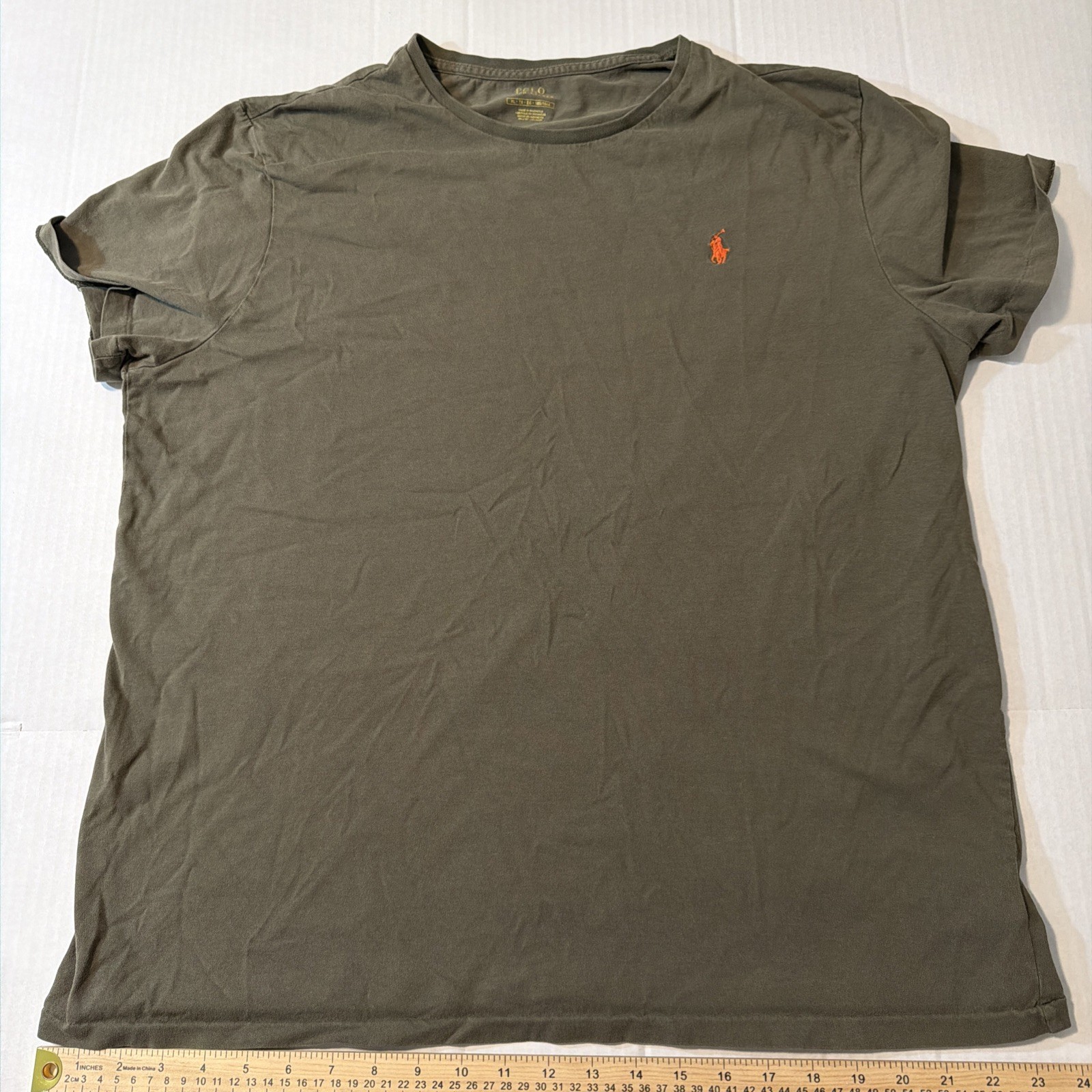 Polo Ralph Lauren Shirt Men XL Olive Green Orange Pony Crew Neck Short Sleeve