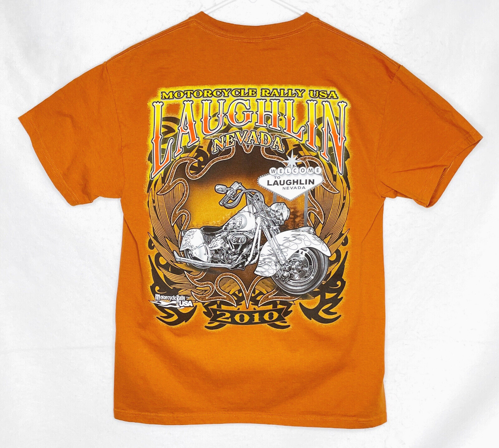 2010 Motorcycle Rally USA Laughlin Nevada Mens T-Shirt Tee Burnt Orange Medium