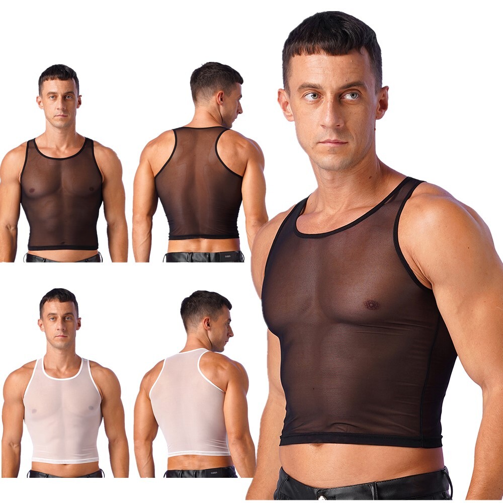 US Men Tank Tops Workout Crop Top See-Through T-shirt Muscle Blouse Mesh Vests