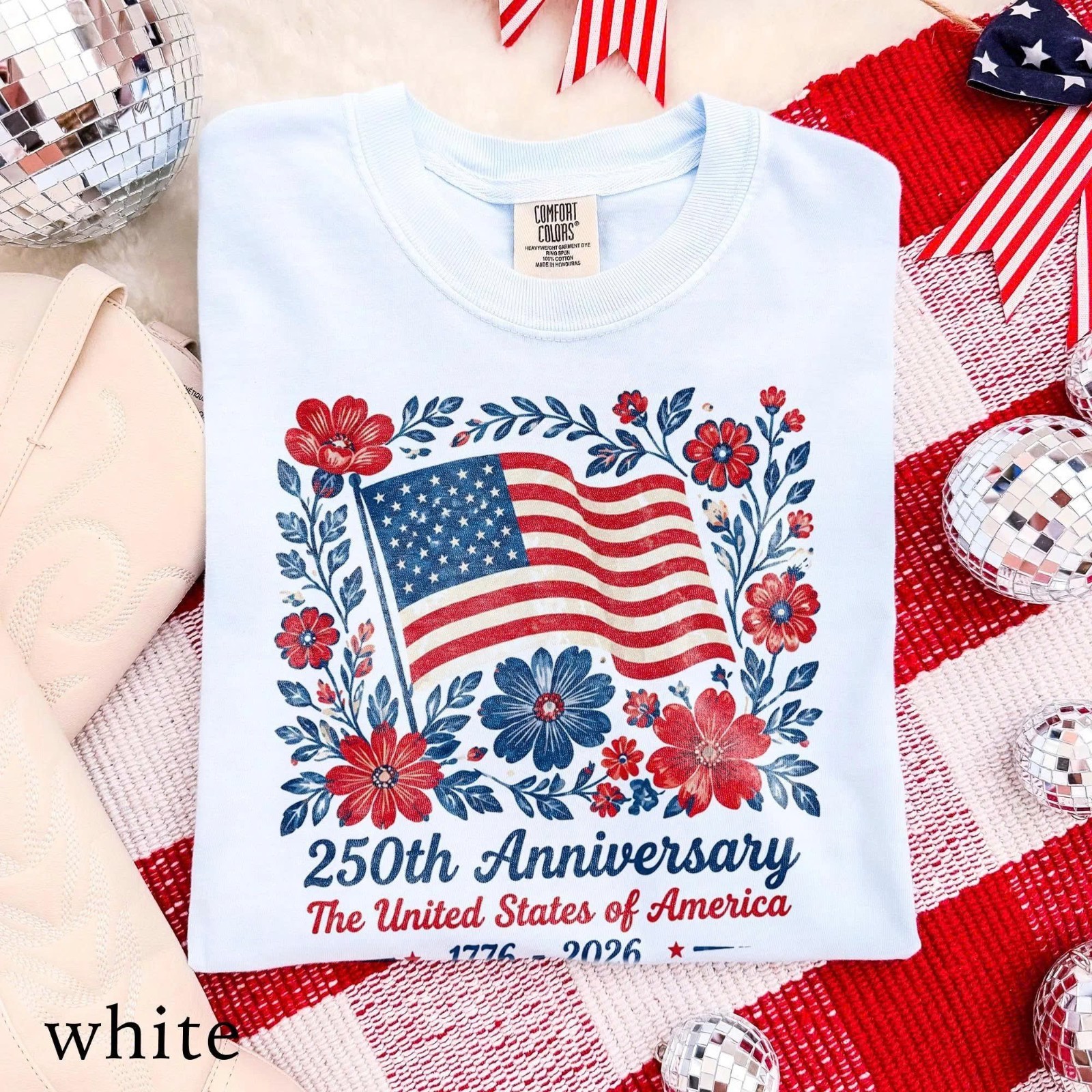 4th July 250th Year Floral USA Flag Shirt, America Anniversary Patriotic Flower