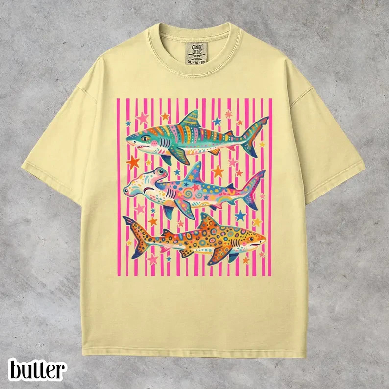 Preppy Shark Shirt Colorful Ocean Life Graphic Tee Summer Aesthetic Gift