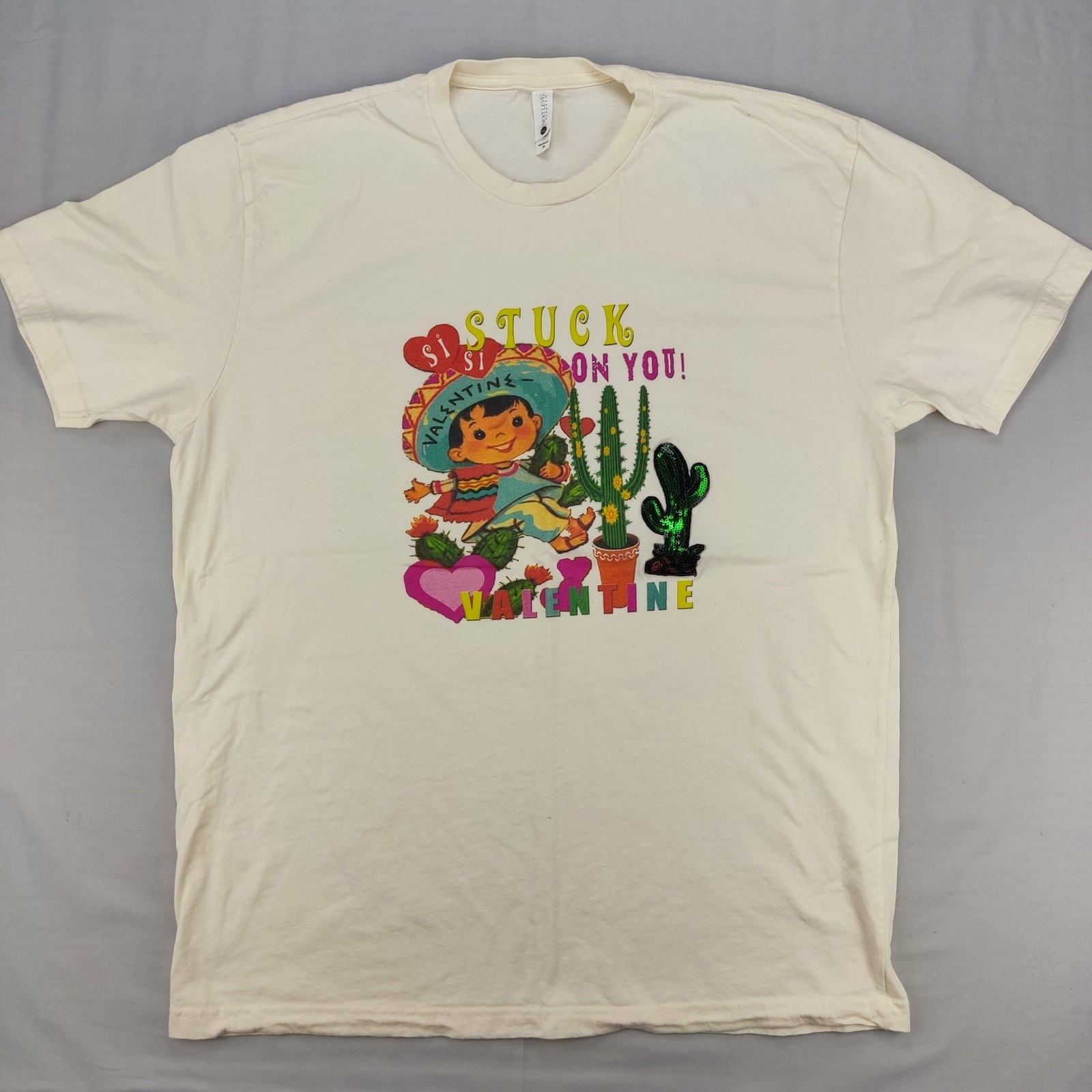 Next Level T-Shirt Mens XL Cream Stuck On You Valentine Retro Sequin Cactus Tee