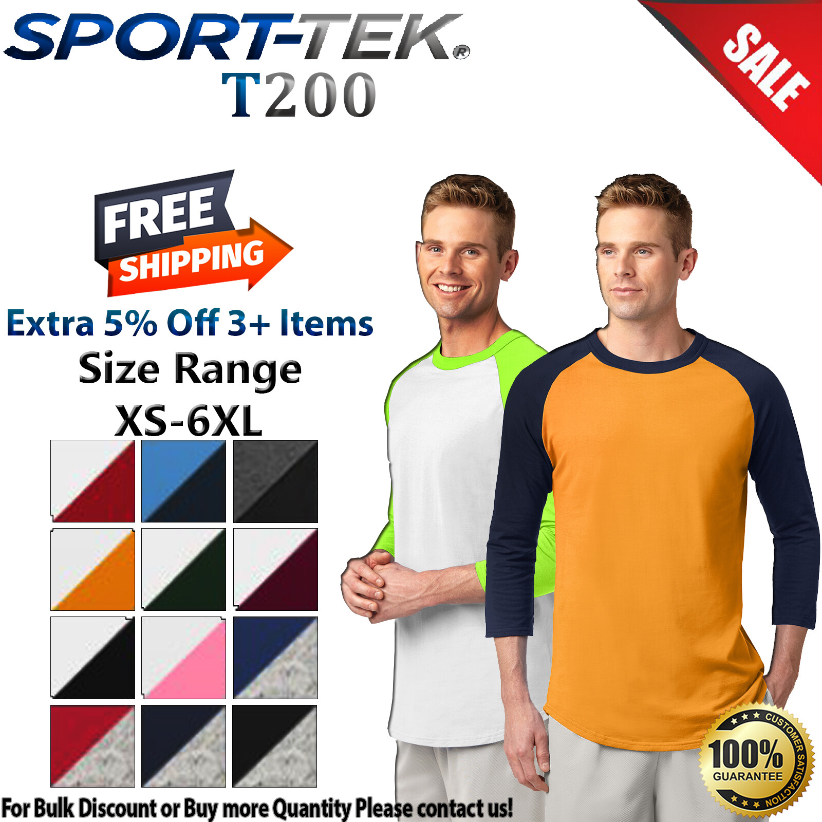 Sport-Tek T200 Mens Raglan Sleeve Colorblock Cotton Sports Jersey T-Shirt