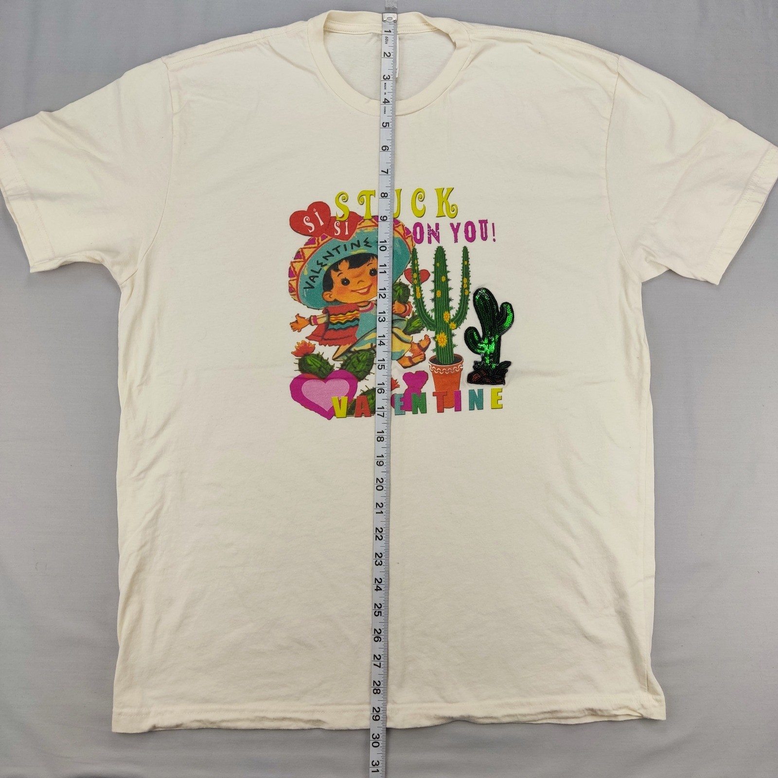 Next Level T-Shirt Mens XL Cream Stuck On You Valentine Retro Sequin Cactus Tee