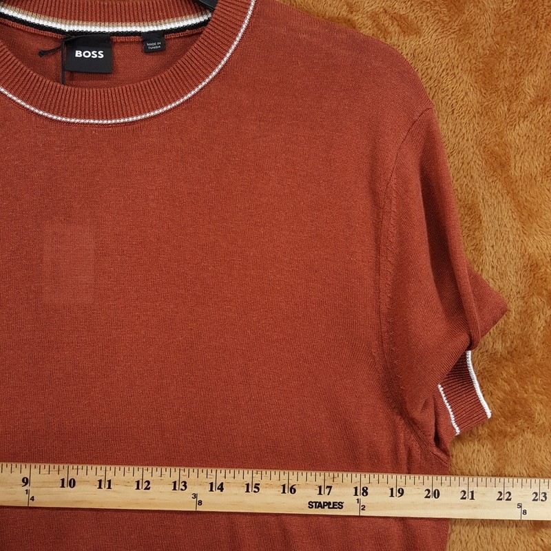 HUGO BOSS Shirt Mens Large Burnt Orange Pullover Crew Linen Knit JIOVANOTTO $198