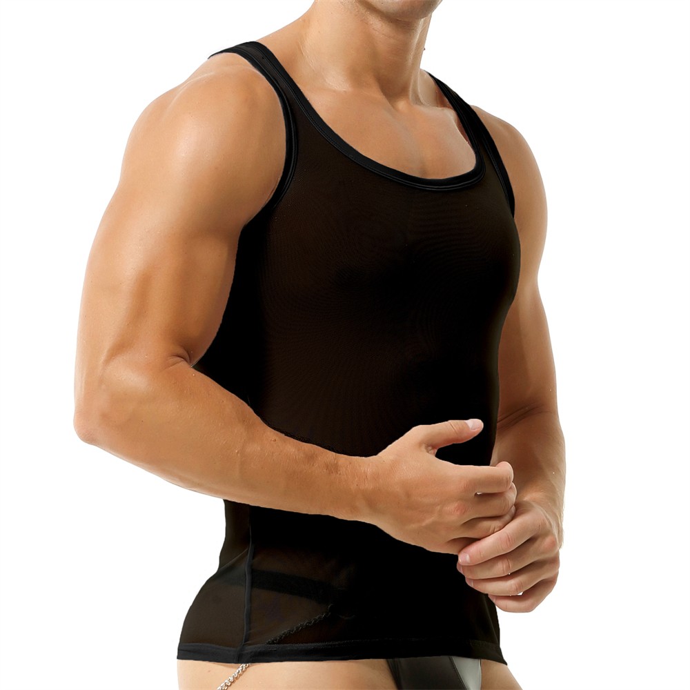 Mens Mesh Sheer See Through Undershirts Sports Casual Sexy T-Shirts Tank Tops