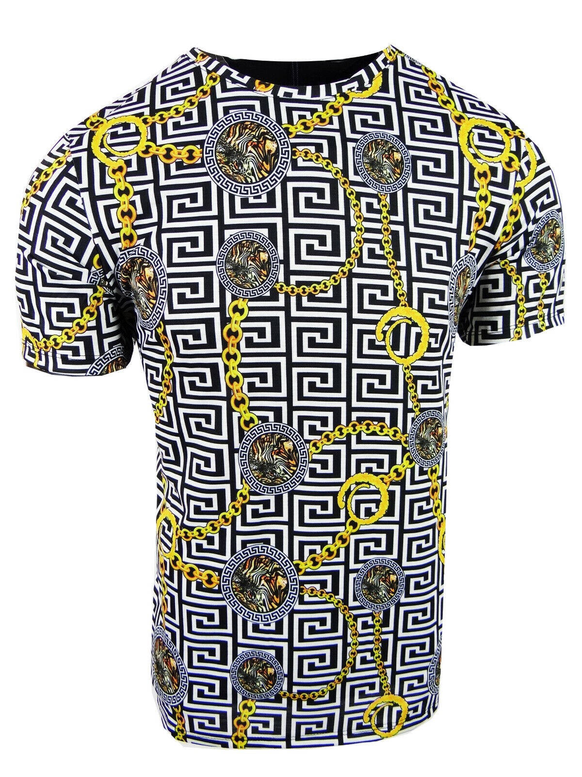 Designer T- Shirt Mens Italian Stripe Gold Chain Floral Animal Print Slim Fit