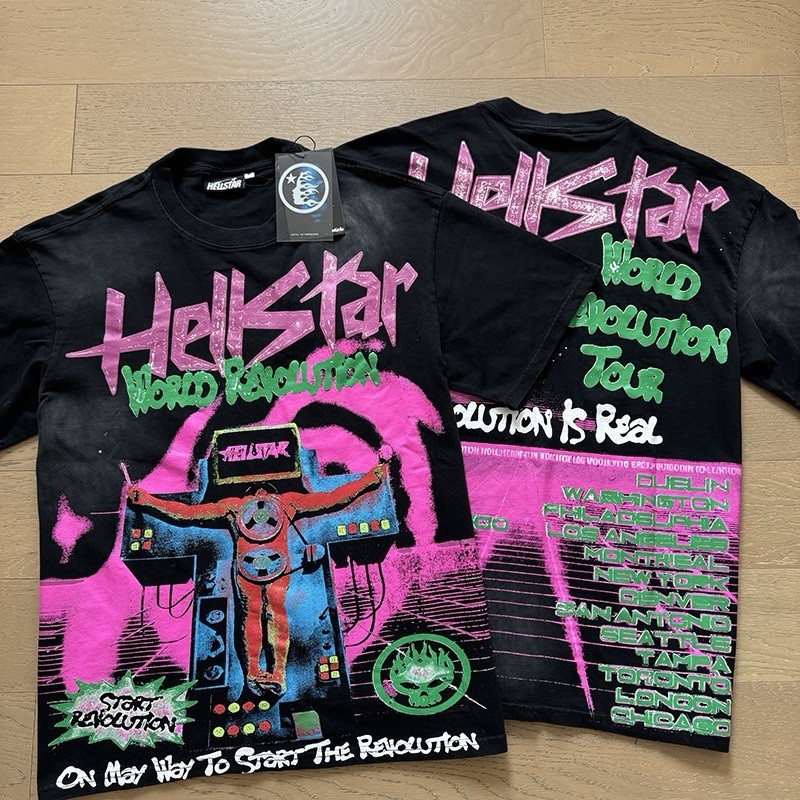 Hellstar 1:1World Revolution Tour Graphic Logo Tee Black Pink Green Short Sleeve