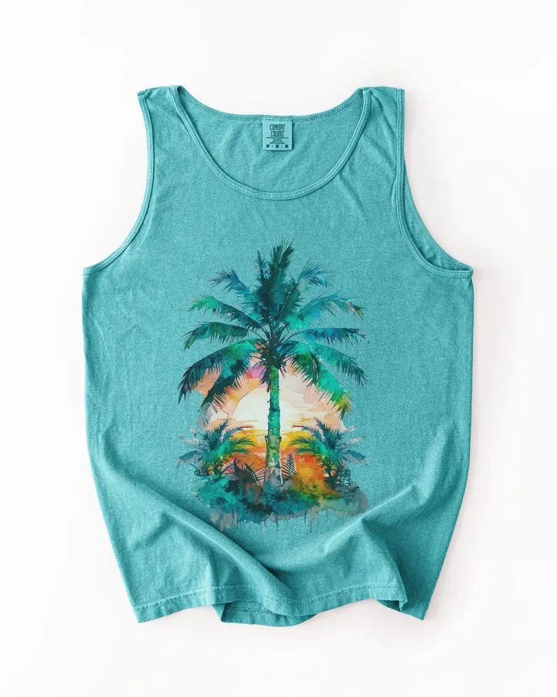 Tropical Palm Tree Sunset Tank Top Beach Vacation Apparel