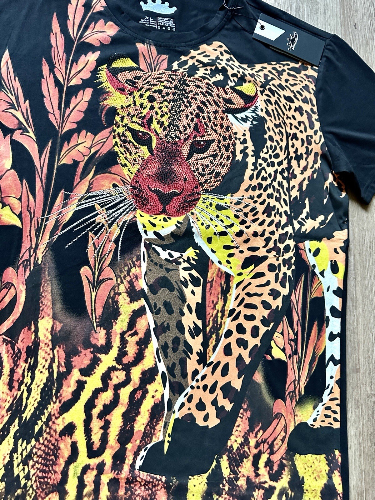 Heads or Tails Men’s Rainstones Beaded / Black / Tiger T-shirt Size XL