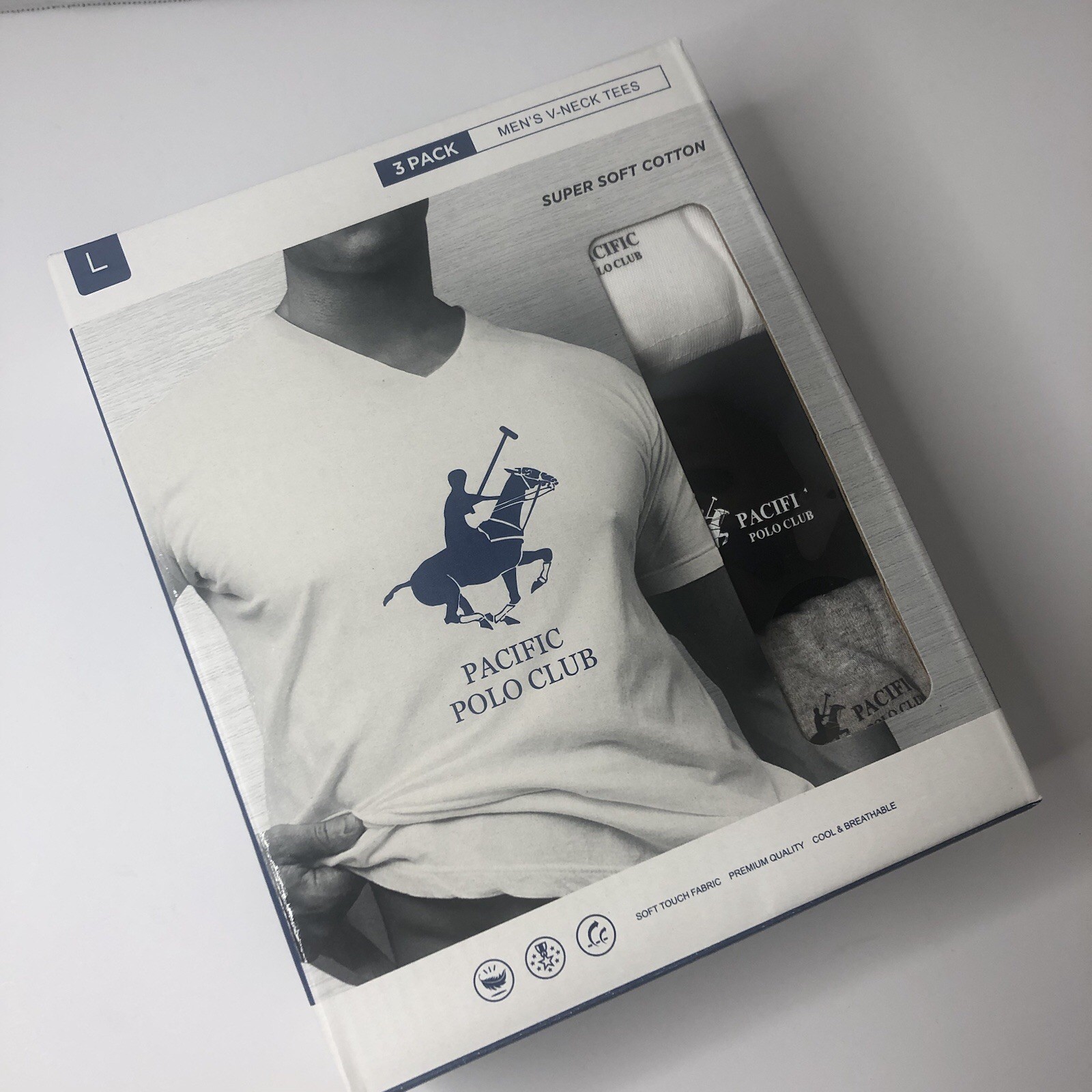Pacific Polo Club Men’s V-Neck Tees Large Assorted Box of 3 Pack Breathable NIB