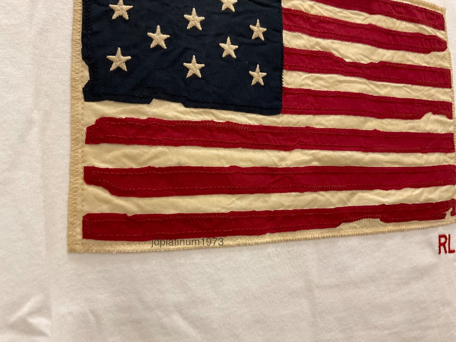 Polo Ralph Lauren White Distressed AMERICAN FLAG Appliqué Short Sleeve T Shirt