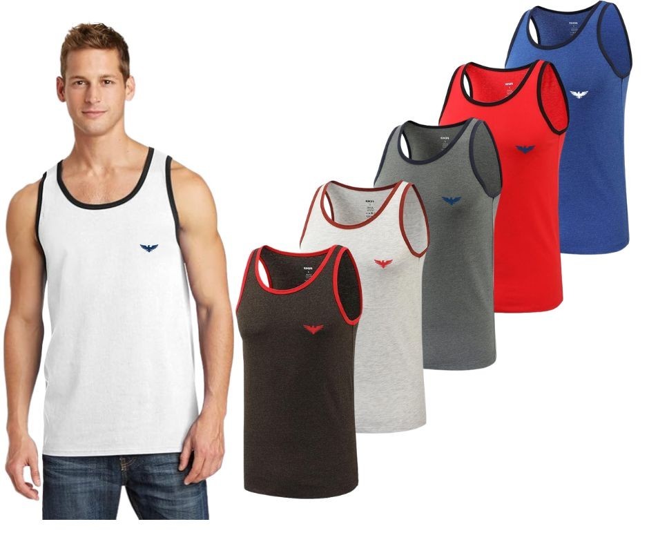 (5 Pack) Men’s Pacific Eagle 100% Cotton Two Tone Crew Neck Tanks Tops
