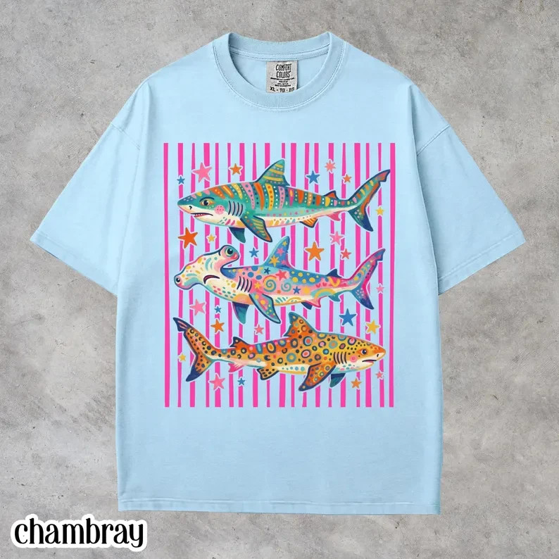 Preppy Shark Shirt Colorful Ocean Life Graphic Tee Summer Aesthetic Gift