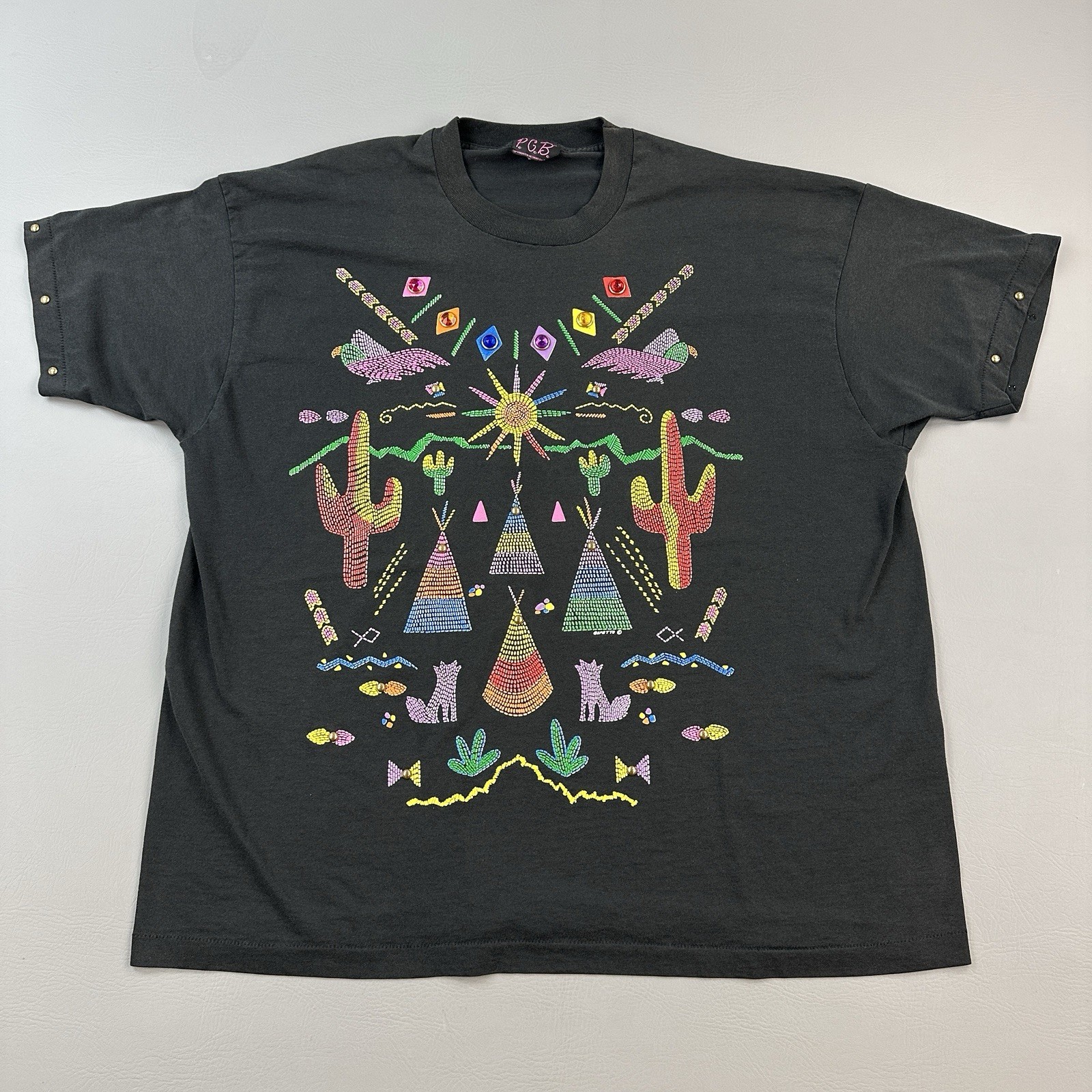 Vintage PGB Gepetto Shirt Mens 2XL Black Southwestern Beaded Gem Studded Art Tee