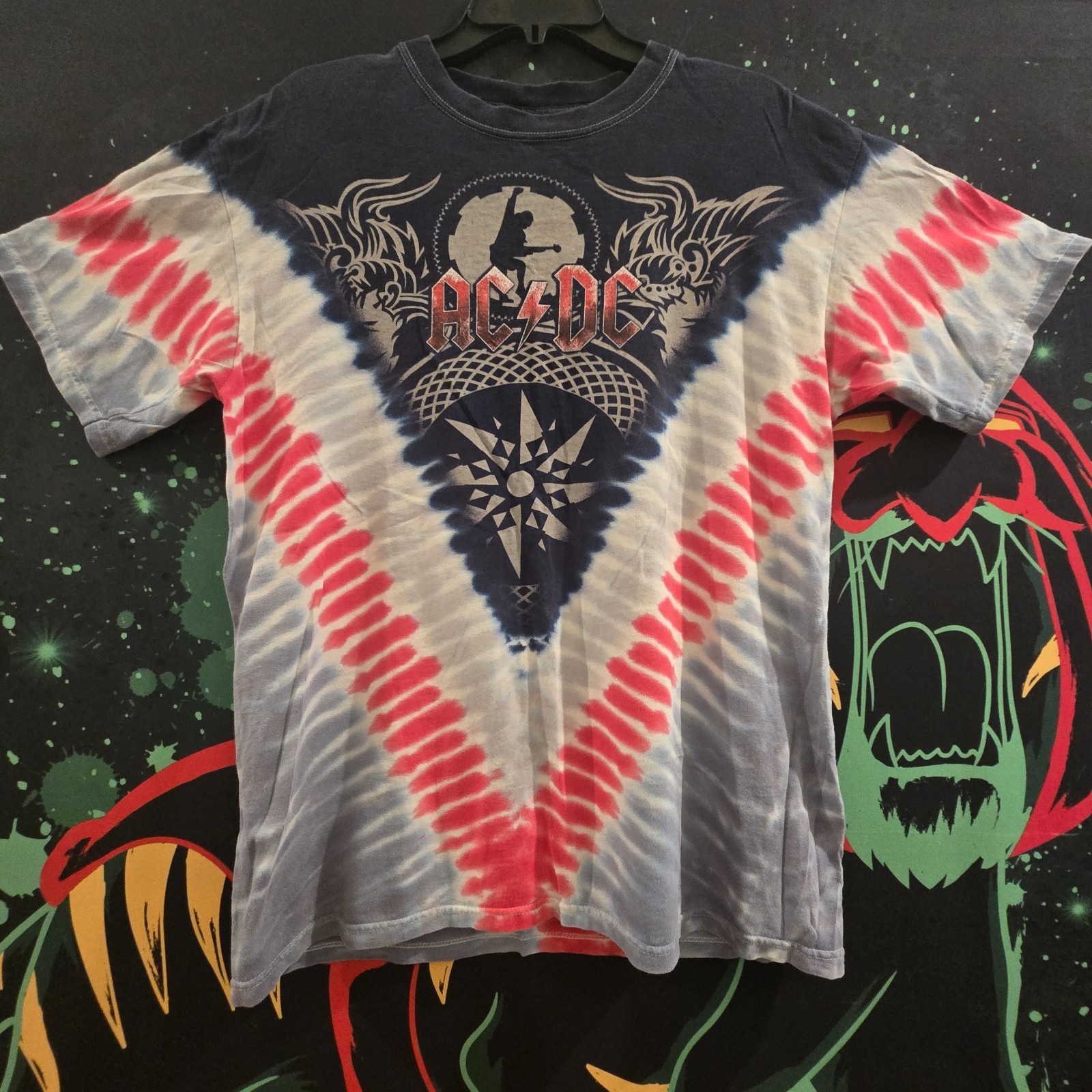 Vintage AC/DC Black Ice Pleated V Tie Dye Official 2008 Tour Concert Shirt Sz L