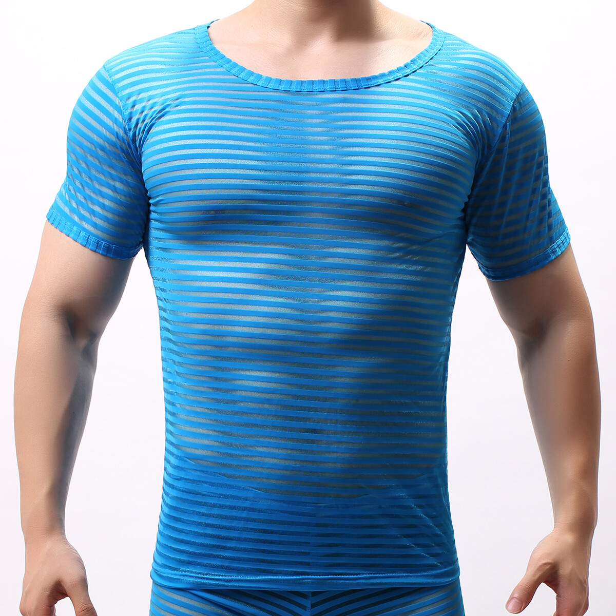 Mens Undershirt Mesh Men See Through Sheer Short Sleeve Sexy T-shirt Long Pants