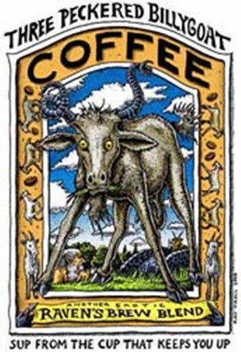 Ray Troll Three Peckered Goat Coffee New adult tee XX, XL, L, M,S Ravens Brew