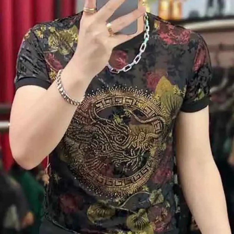 New Men Luxury Diamond Dragon Rhinestones Fashion T-Shirt High Quality 2 Colors