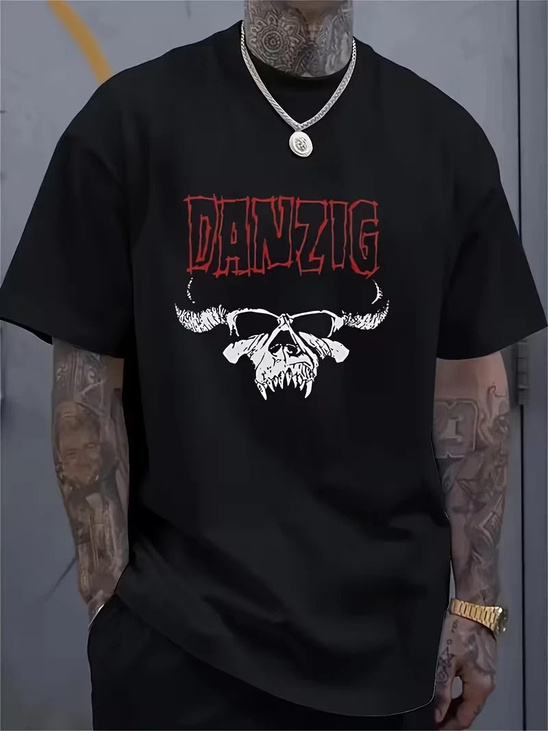 1pc Danzig Heavy Metal Graphic Men’S T-Shirt – Skull & Horn Design, Breathable F