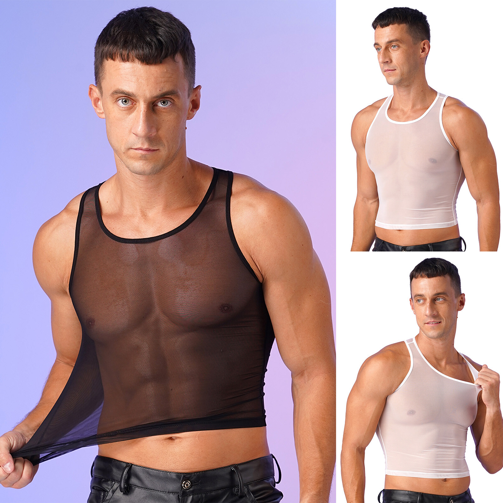 US Men Tank Tops Workout Crop Top See-Through T-shirt Muscle Blouse Mesh Vests