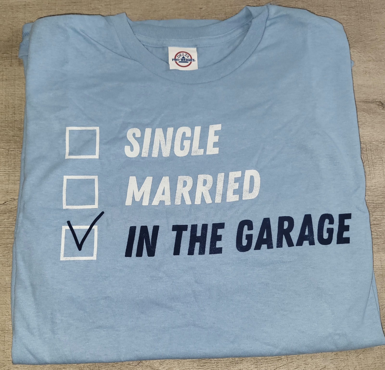 Delta Men’s Light Blue T Shirt In The Garage Size L Large NEW