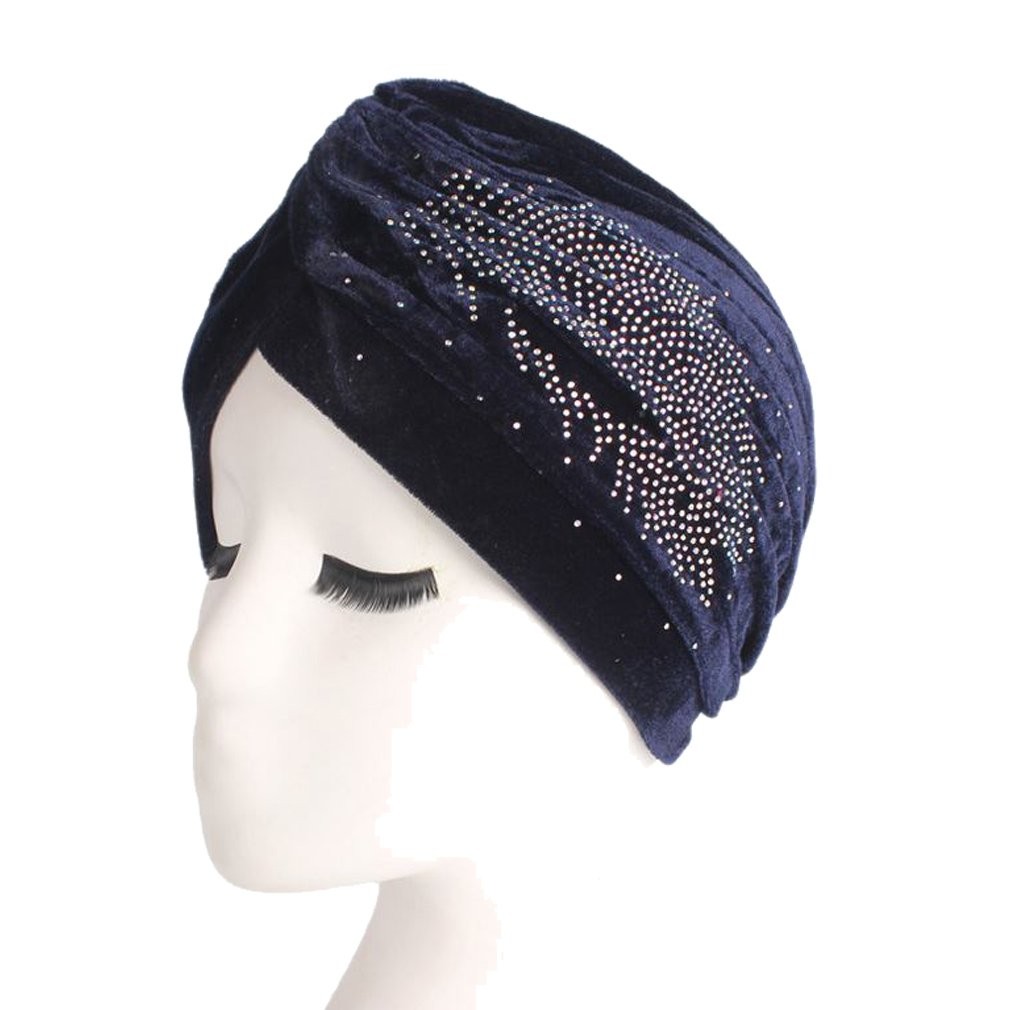 Feather Image Velvet-Feel Twist Pleated Hair Wrap Stretch Turban Hat Navy