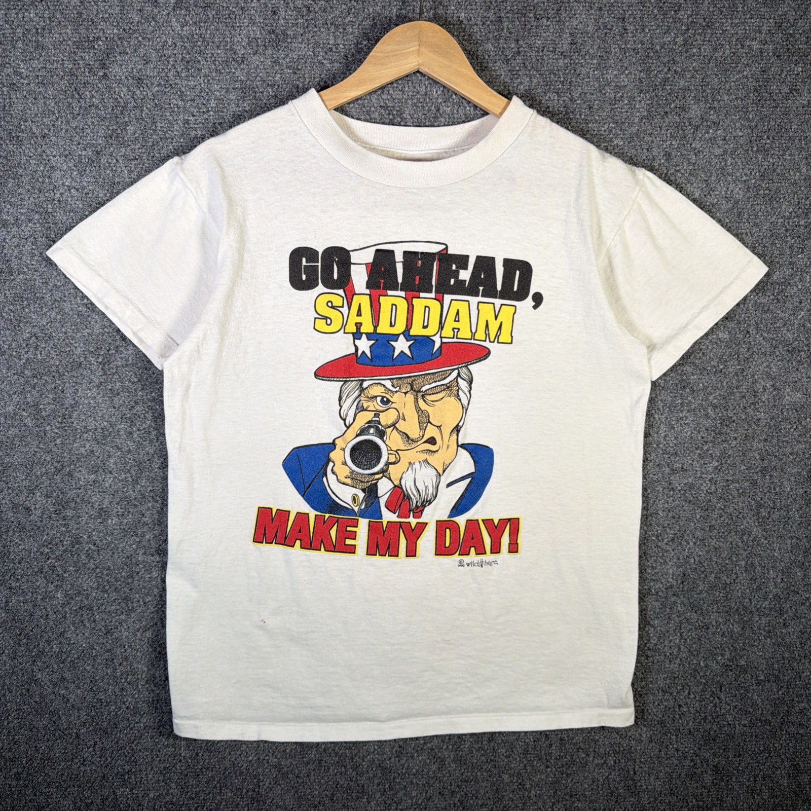 Vintage Military Shirt Adult Medium White 90s Gun Saddam Uncle Sam Parody USA