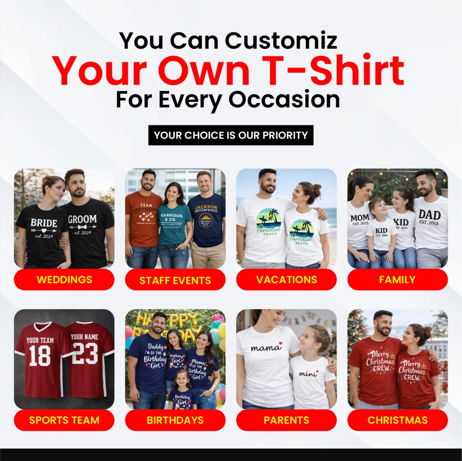Personalized Custom T-Shirt Printing with your photo, text, logo, anything New