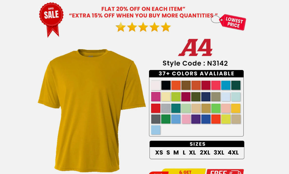A4 N3142 Men’s Polyester Cooling T Shirt Performance Crew Neck Jogging T-Shirt