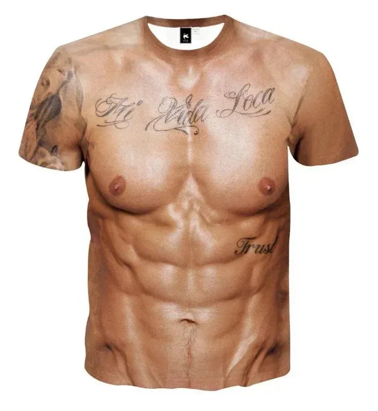 Muscle 3D T-shirt Muscle Tattoo Print T-shirt For Summer Beach Holiday Men Short