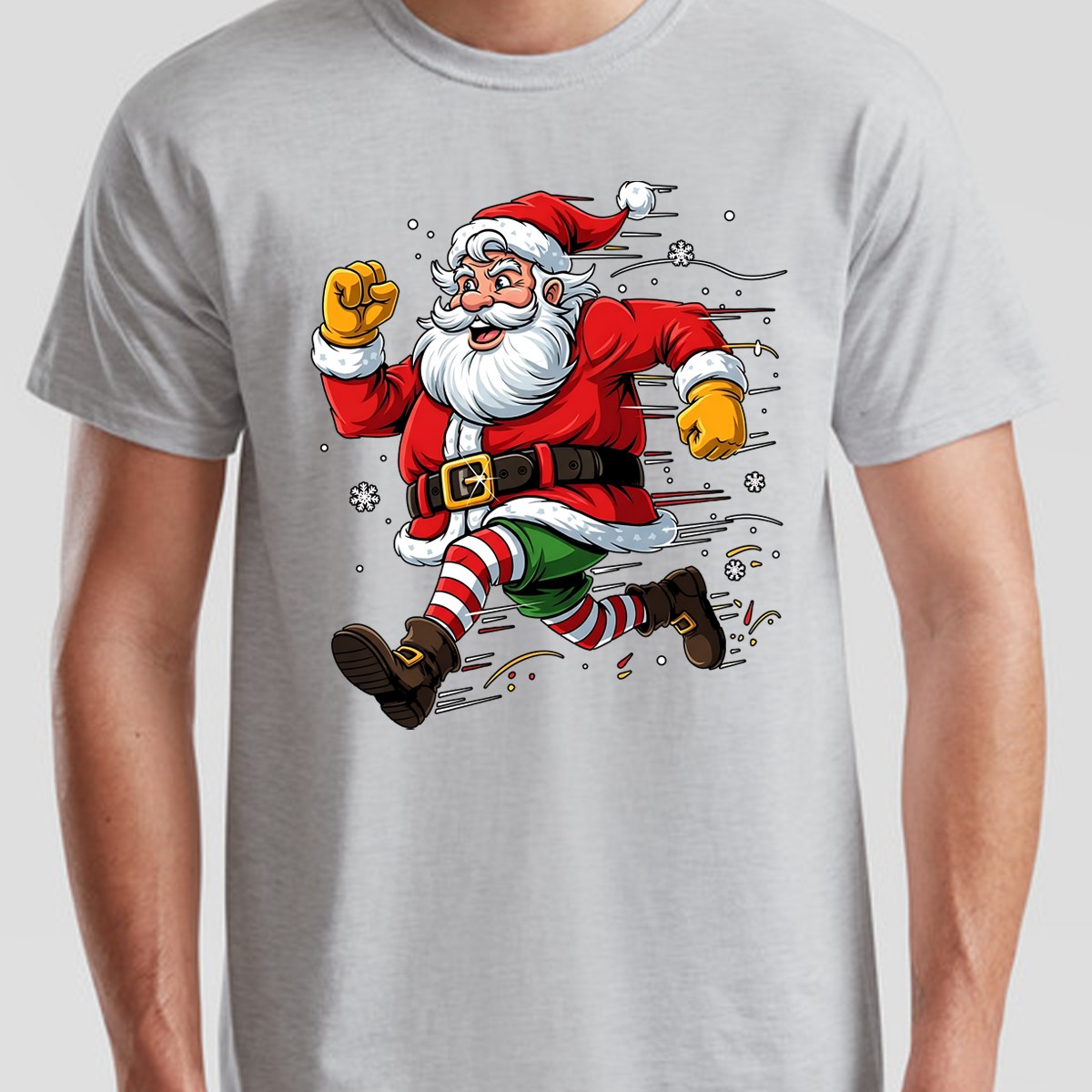 Running Santa Christmas Holiday Mens T-Shirt Womens Graphic Tee Festive Apparel