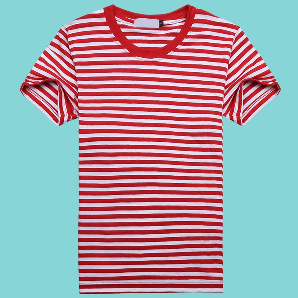 Blue and White Striped Men’s Shortsleeved Tshirt for Sports and Casual Wear