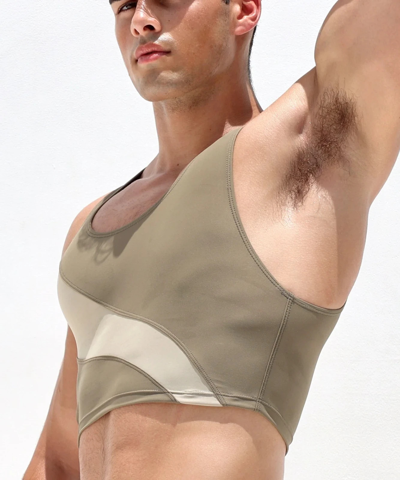 Rufskin mens Khaki Matte nylon crop top colorblock torso gym tank top size M