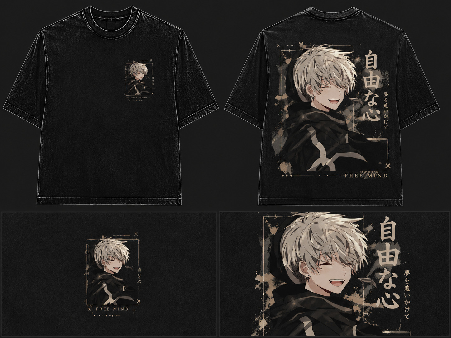 Free Spirit Anime Boy Washed T-Shirt Vintage Graphic Tee