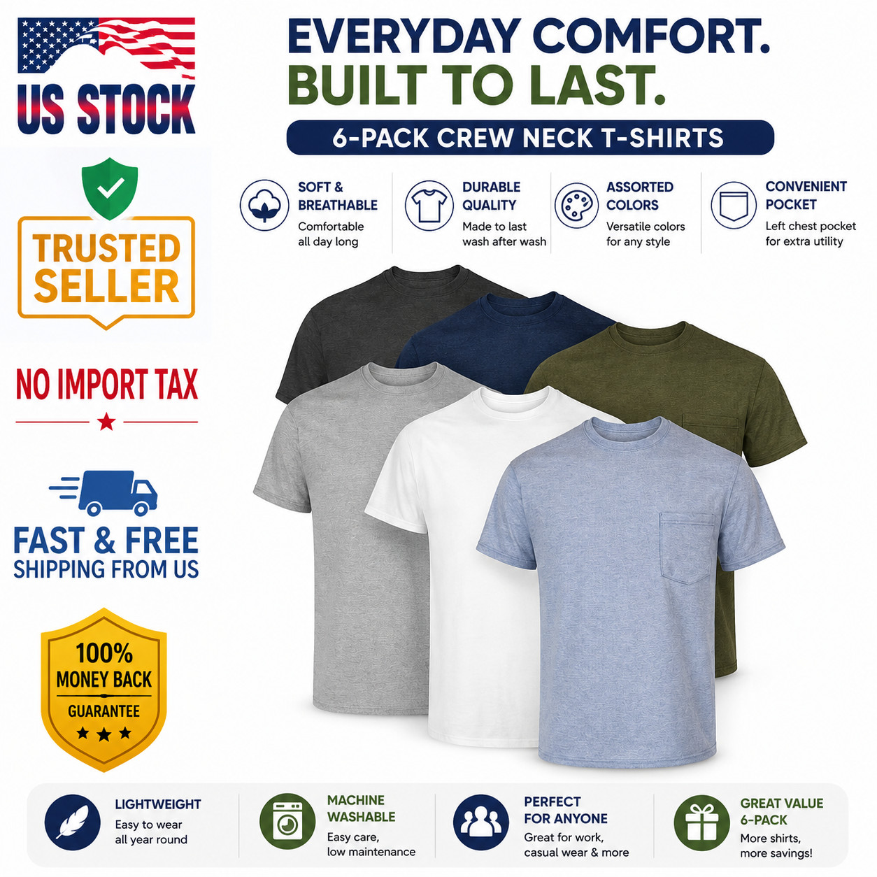 Hanes 6-Pack Pocket Tee Men’s T-Shirt Soft and Breathable Assorted