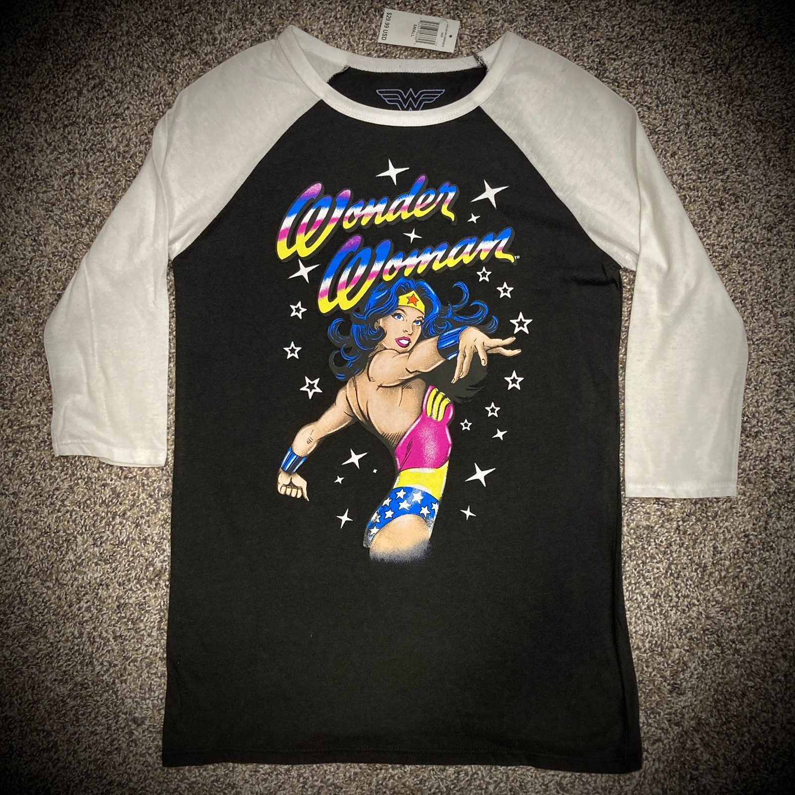 WONDER WOMAN RAGLAN T-SHIRT soft stretch fit black white dc UNISEX ADULT SMALL