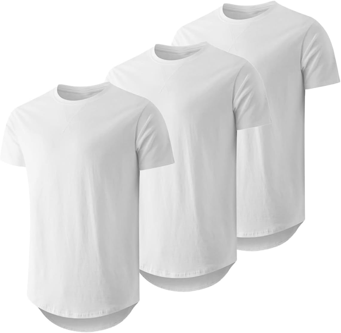 Mens 3 Pack Cotton Longline Crewneck T-Shirts Casual Hipster Fit Tee Set